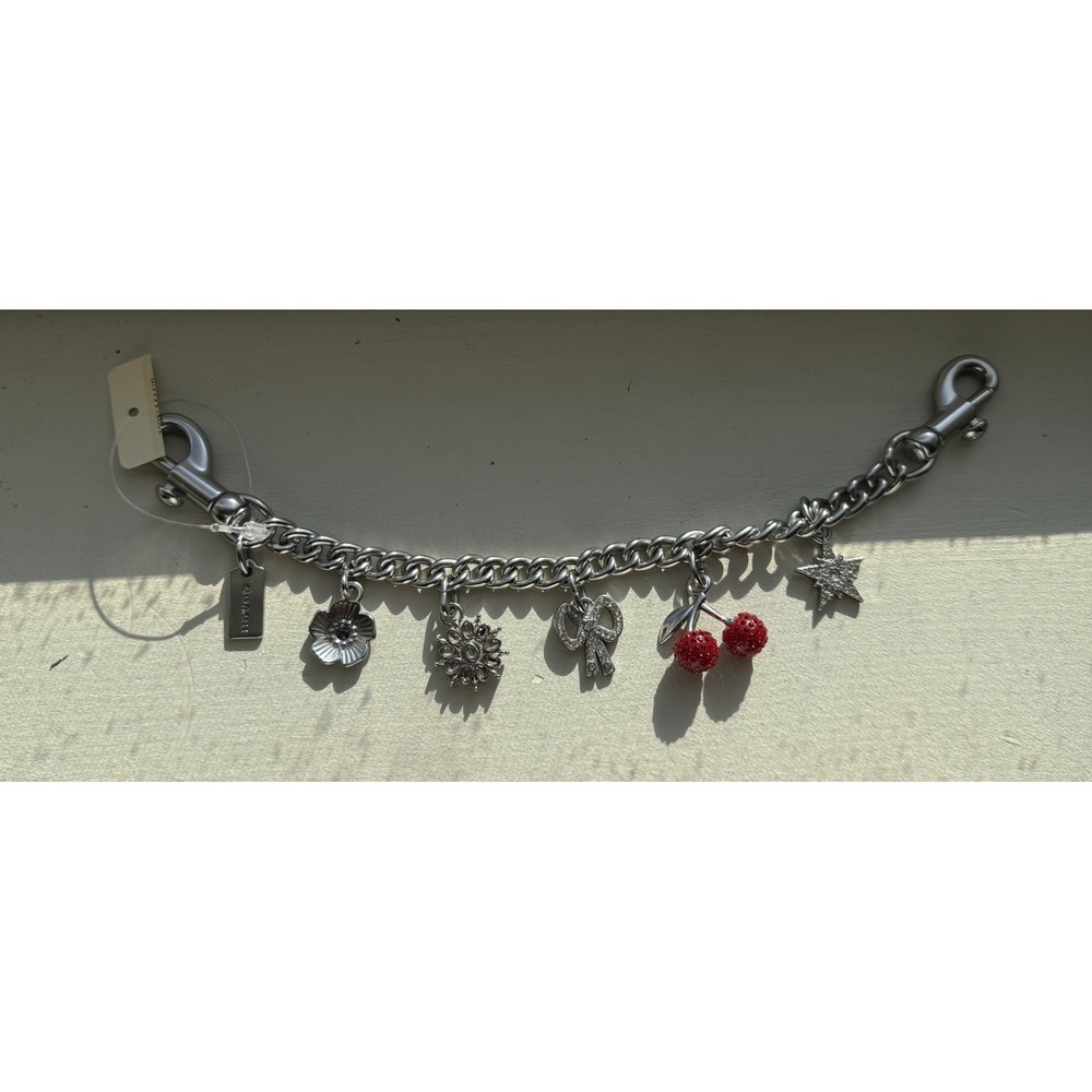 NWT COACH Chain Bag Charm Crystal Motif Bow Cherry Flower Silver Multi CCX42